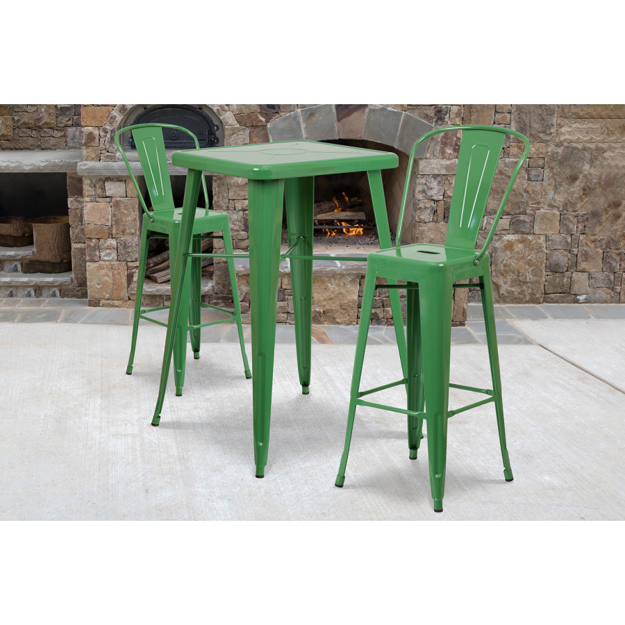 BLNK Gable Commercial Square Metal Indoor-Outdoor Bar Table Set with 2 Stools with Backs - Green