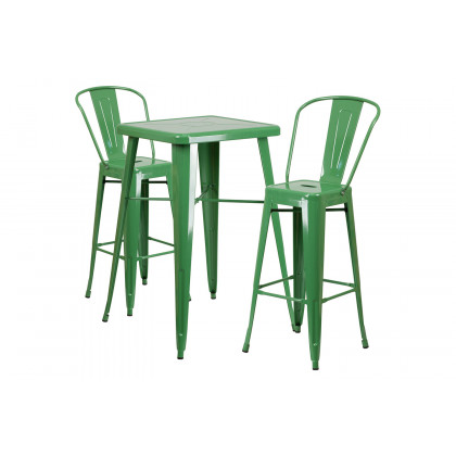 BLNK Gable Commercial Square Metal Indoor-Outdoor Bar Table Set with 2 Stools with Backs - Green