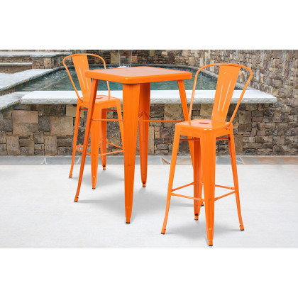 BLNK - Gable Commercial Square Metal Indoor-Outdoor Bar Table Set with 2 Stools with Backs
