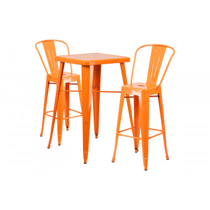 BLNK Gable Commercial Square Metal Indoor-Outdoor Bar Table Set with 2 Stools with Backs - Orange