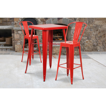 BLNK - Gable Commercial Square Metal Indoor-Outdoor Bar Table Set with 2 Stools with Backs