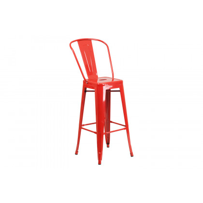 BLNK Gable Commercial Square Metal Indoor-Outdoor Bar Table Set with 2 Stools with Backs - Red