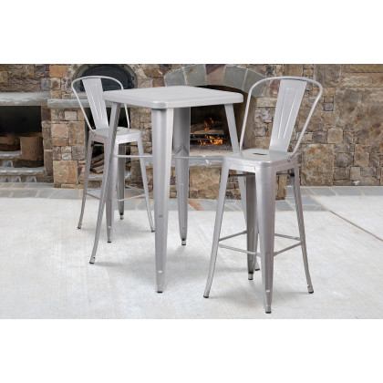 BLNK - Gable Commercial Square Metal Indoor-Outdoor Bar Table Set with 2 Stools with Backs