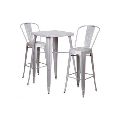 BLNK Gable Commercial Square Metal Indoor-Outdoor Bar Table Set with 2 Stools with Backs - Silver
