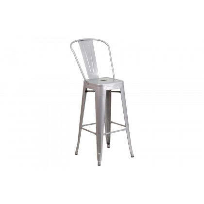 BLNK Gable Commercial Square Metal Indoor-Outdoor Bar Table Set with 2 Stools with Backs - Silver