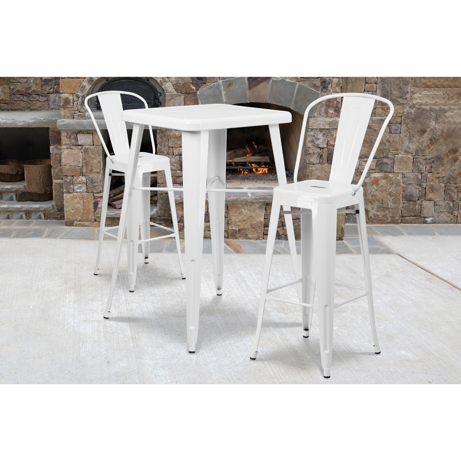 BLNK - Gable Commercial Square Metal Indoor-Outdoor Bar Table Set with 2 Stools with Backs