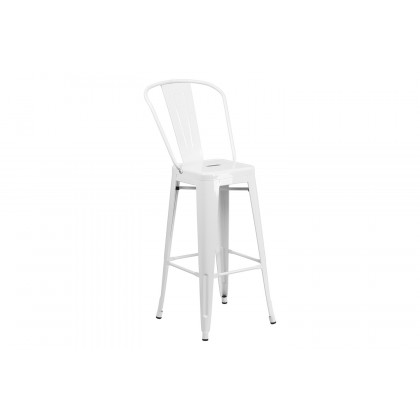 BLNK Gable Commercial Square Metal Indoor-Outdoor Bar Table Set with 2 Stools with Backs - White