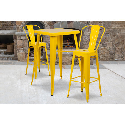 BLNK - Gable Commercial Square Metal Indoor-Outdoor Bar Table Set with 2 Stools with Backs