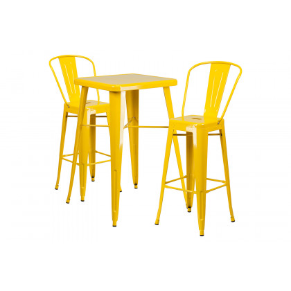 BLNK Gable Commercial Square Metal Indoor-Outdoor Bar Table Set with 2 Stools with Backs - Yellow
