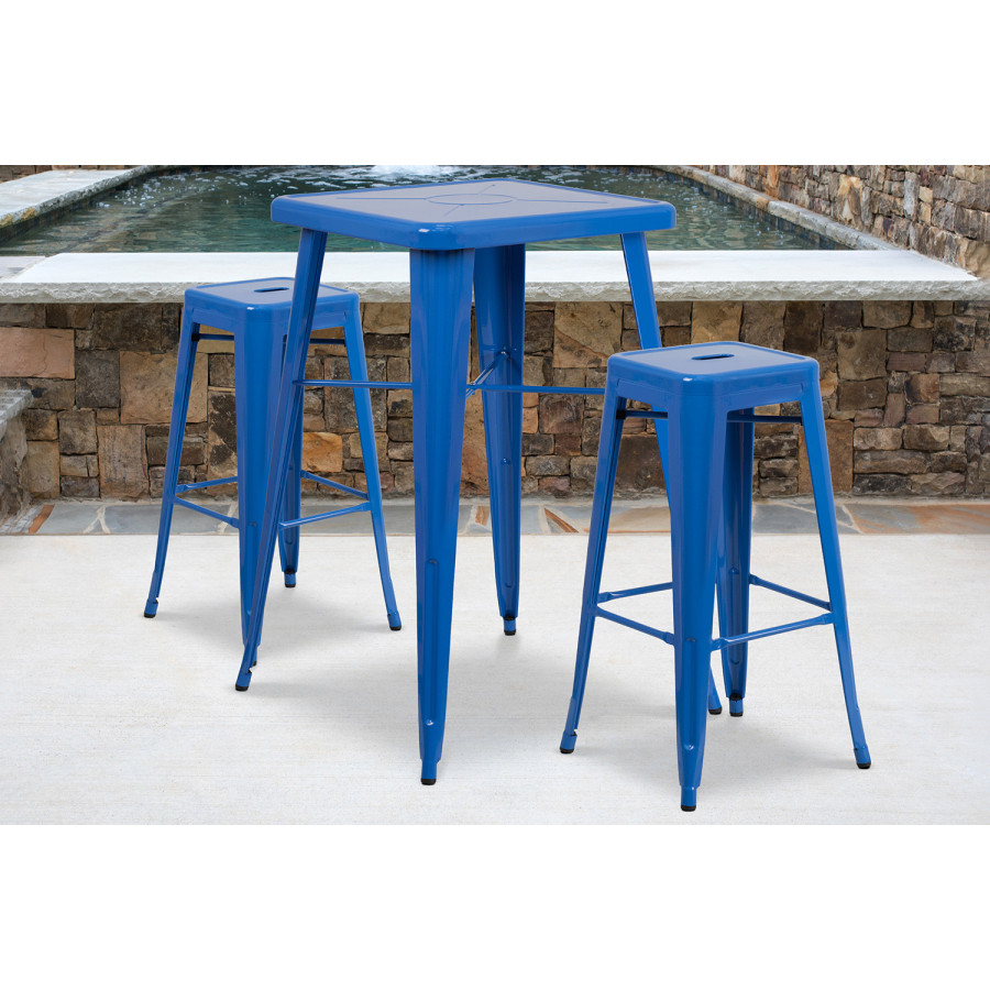 BLNK Stone Commercial Square Metal Indoor-Outdoor Bar Table Set with 2 Square Seat Backless Stools - Blue