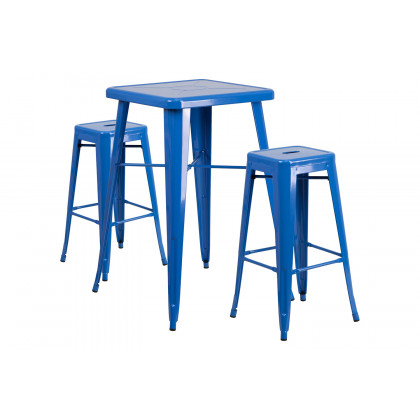 BLNK Stone Commercial Square Metal Indoor-Outdoor Bar Table Set with 2 Square Seat Backless Stools - Blue