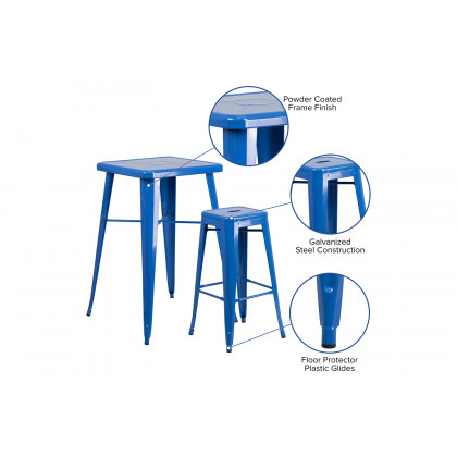 BLNK Stone Commercial Square Metal Indoor-Outdoor Bar Table Set with 2 Square Seat Backless Stools - Blue