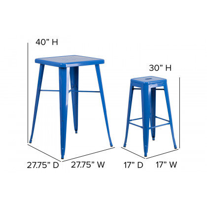 BLNK Stone Commercial Square Metal Indoor-Outdoor Bar Table Set with 2 Square Seat Backless Stools - Blue