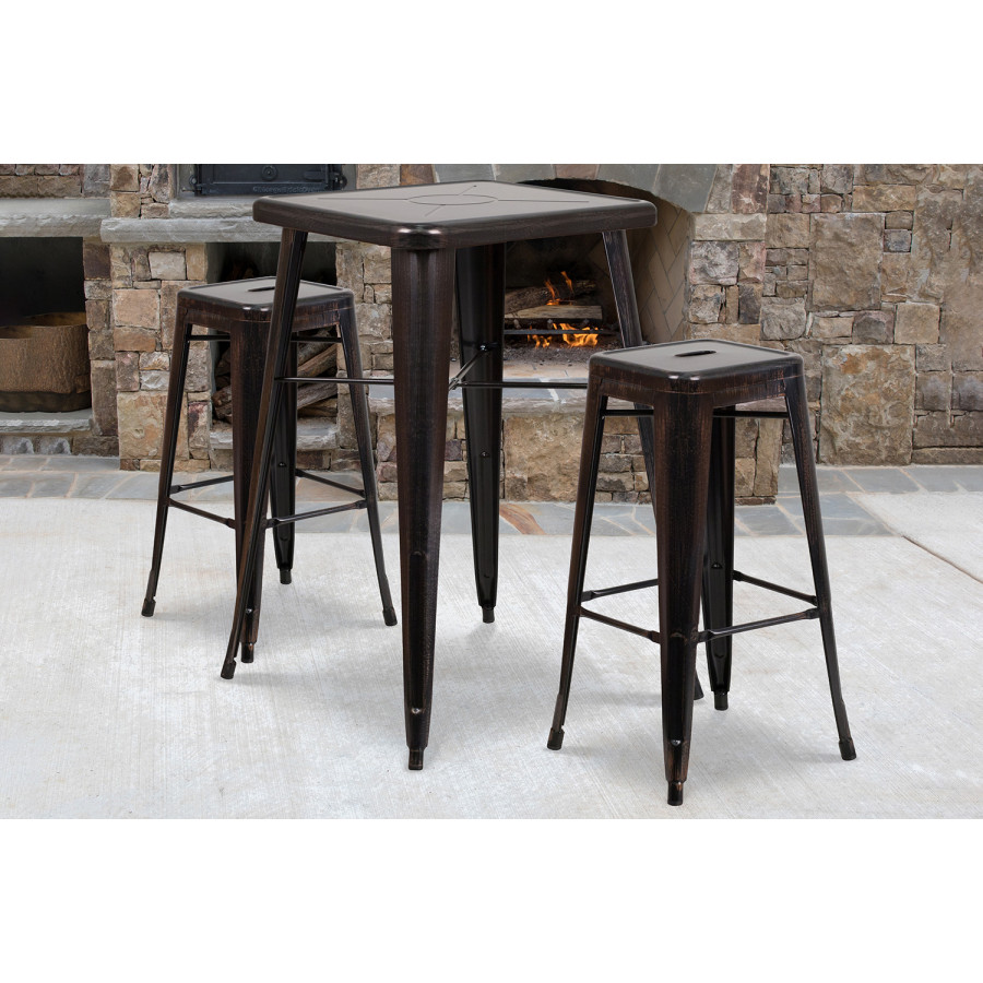 BLNK Stone Commercial Square Metal Indoor-Outdoor Bar Table Set with 2 Square Seat Backless Stools - Black/Antique Gold