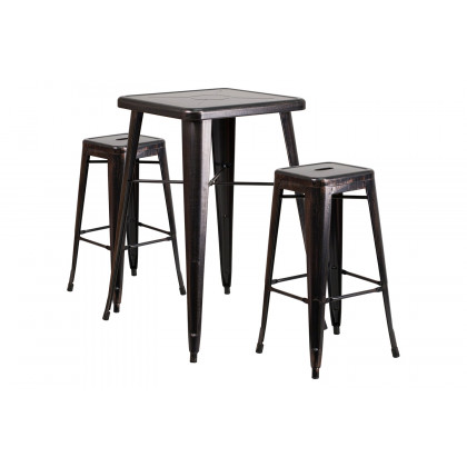 BLNK Stone Commercial Square Metal Indoor-Outdoor Bar Table Set with 2 Square Seat Backless Stools - Black/Antique Gold