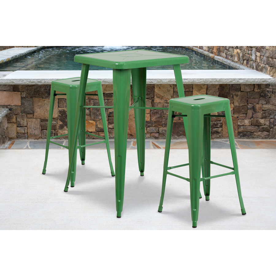BLNK Stone Commercial Square Metal Indoor-Outdoor Bar Table Set with 2 Square Seat Backless Stools - Green