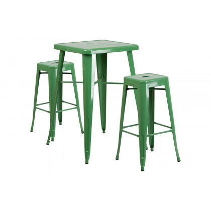 BLNK Stone Commercial Square Metal Indoor-Outdoor Bar Table Set with 2 Square Seat Backless Stools - Green