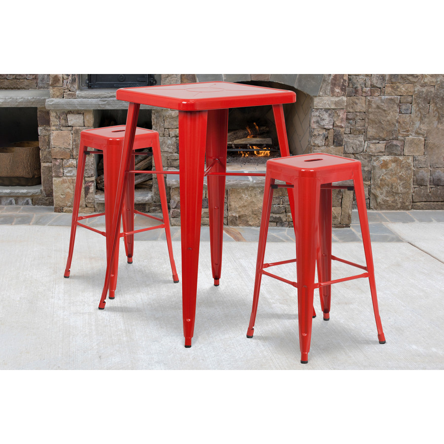 BLNK Stone Commercial Square Metal Indoor-Outdoor Bar Table Set with 2 Square Seat Backless Stools - Red