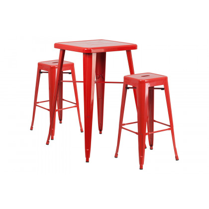 BLNK Stone Commercial Square Metal Indoor-Outdoor Bar Table Set with 2 Square Seat Backless Stools - Red