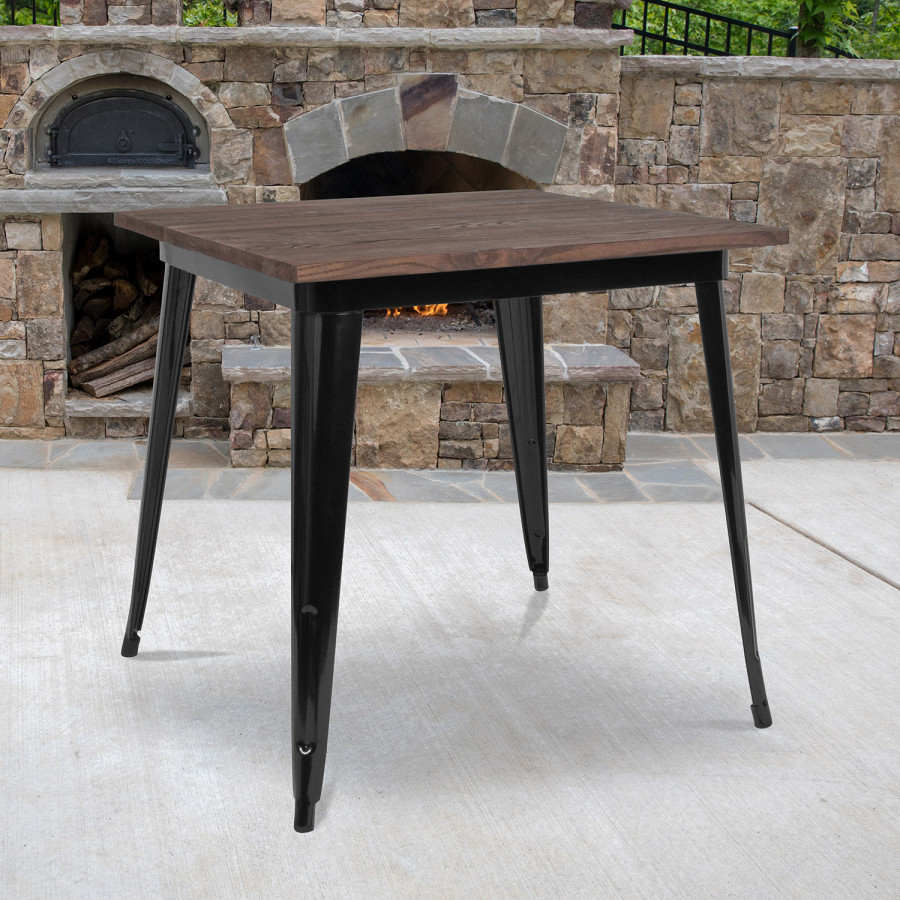 BLNK Toby Square Metal Indoor Table with Walnut Rustic Wood Top - Black