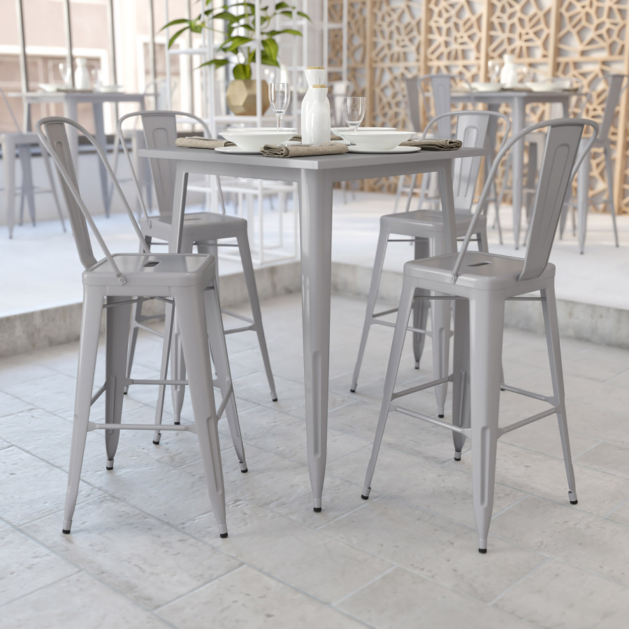 BLNK Nolan Commercial Square Metal Indoor-Outdoor Bar Height Table - Silver