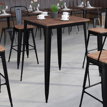 BLNK - Nolan Square Metal Indoor Bar Height Table with Walnut Rustic Wood Top