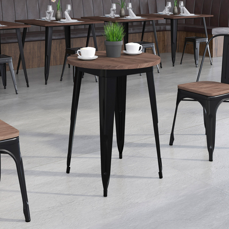 BLNK Webb Round Metal Indoor Table with Walnut Rustic Wood Top - Black