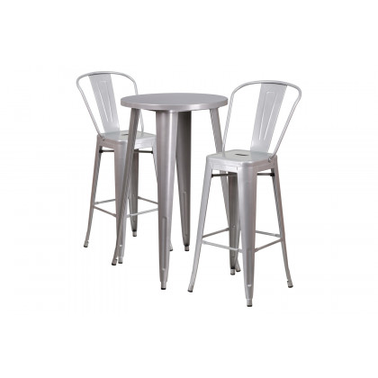 BLNK Nichols Commercial Round Metal Indoor-Outdoor Bar Table Set with 2 Cafe Stools - Silver