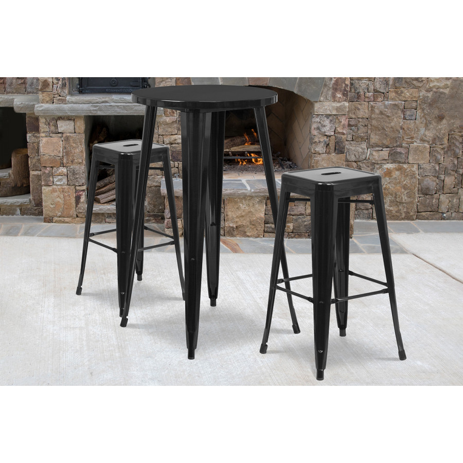 BLNK Douglas Commercial Round Metal Indoor-Outdoor Bar Table Set with 2 Square Seat Backless Stools - Black