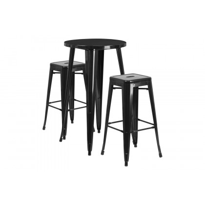 BLNK Douglas Commercial Round Metal Indoor-Outdoor Bar Table Set with 2 Square Seat Backless Stools - Black