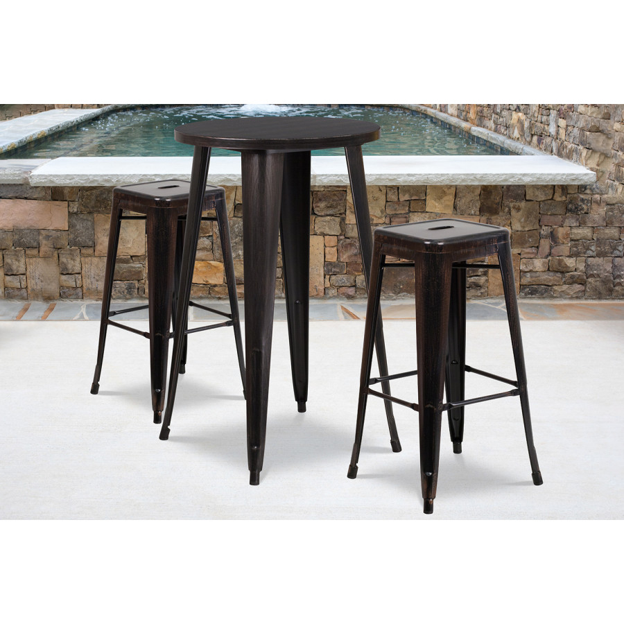 BLNK Douglas Commercial Round Metal Indoor-Outdoor Bar Table Set with 2 Square Seat Backless Stools - Black/Antique Gold