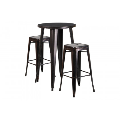 BLNK Douglas Commercial Round Metal Indoor-Outdoor Bar Table Set with 2 Square Seat Backless Stools - Black/Antique Gold