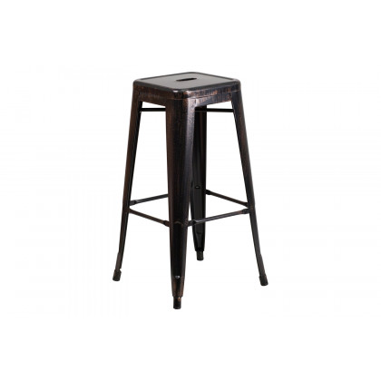 BLNK Douglas Commercial Round Metal Indoor-Outdoor Bar Table Set with 2 Square Seat Backless Stools - Black/Antique Gold