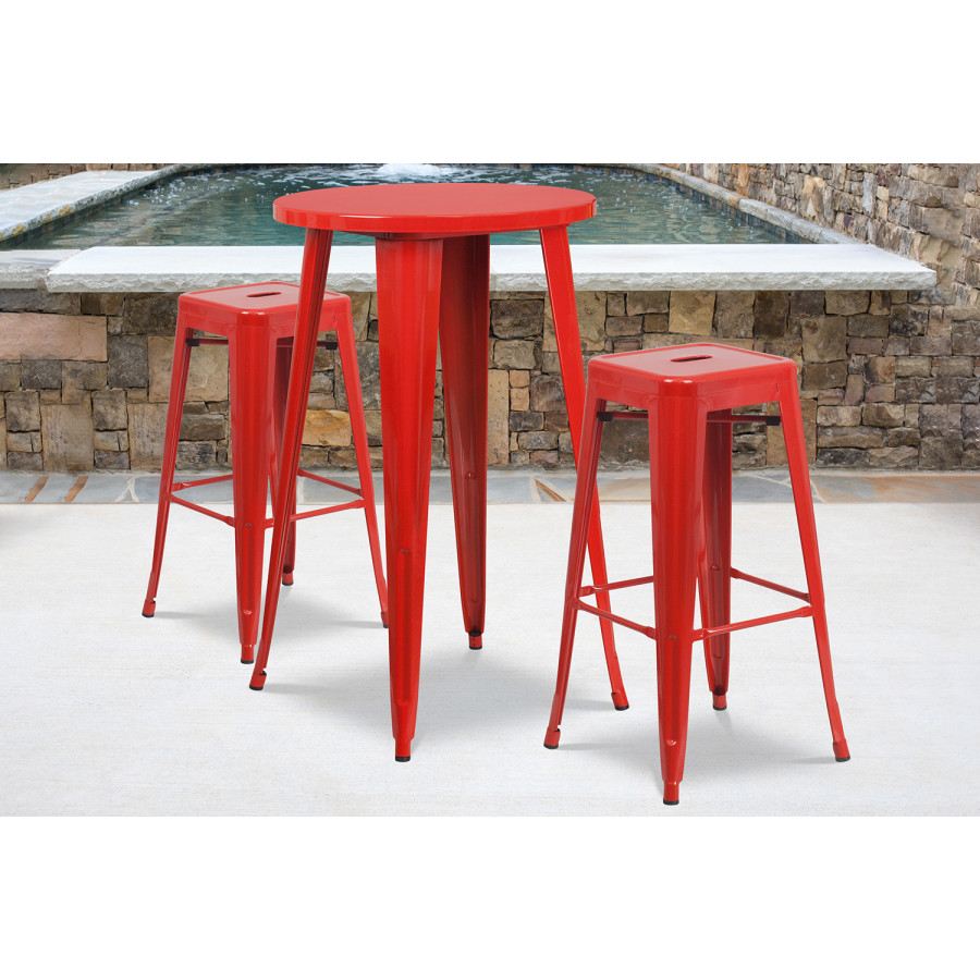 BLNK Douglas Commercial Round Metal Indoor-Outdoor Bar Table Set with 2 Square Seat Backless Stools - Red