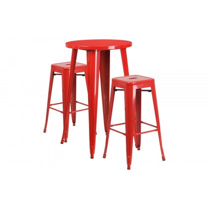 BLNK Douglas Commercial Round Metal Indoor-Outdoor Bar Table Set with 2 Square Seat Backless Stools - Red