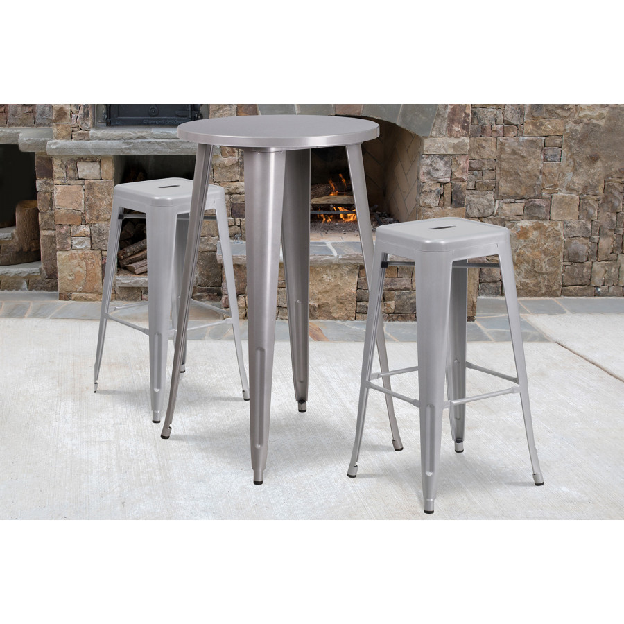 BLNK Douglas Commercial Round Metal Indoor-Outdoor Bar Table Set with 2 Square Seat Backless Stools - Silver