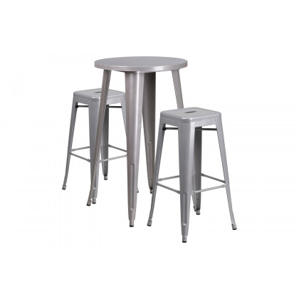 BLNK Douglas Commercial Round Metal Indoor-Outdoor Bar Table Set with 2 Square Seat Backless Stools - Silver