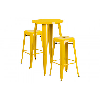 BLNK Douglas Commercial Round Metal Indoor-Outdoor Bar Table Set with 2 Square Seat Backless Stools - Yellow