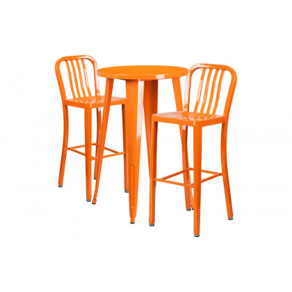 BLNK Earl Commercial Round Metal Indoor-Outdoor Bar Table Set with 2 Vertical Slat Back Stools - Orange