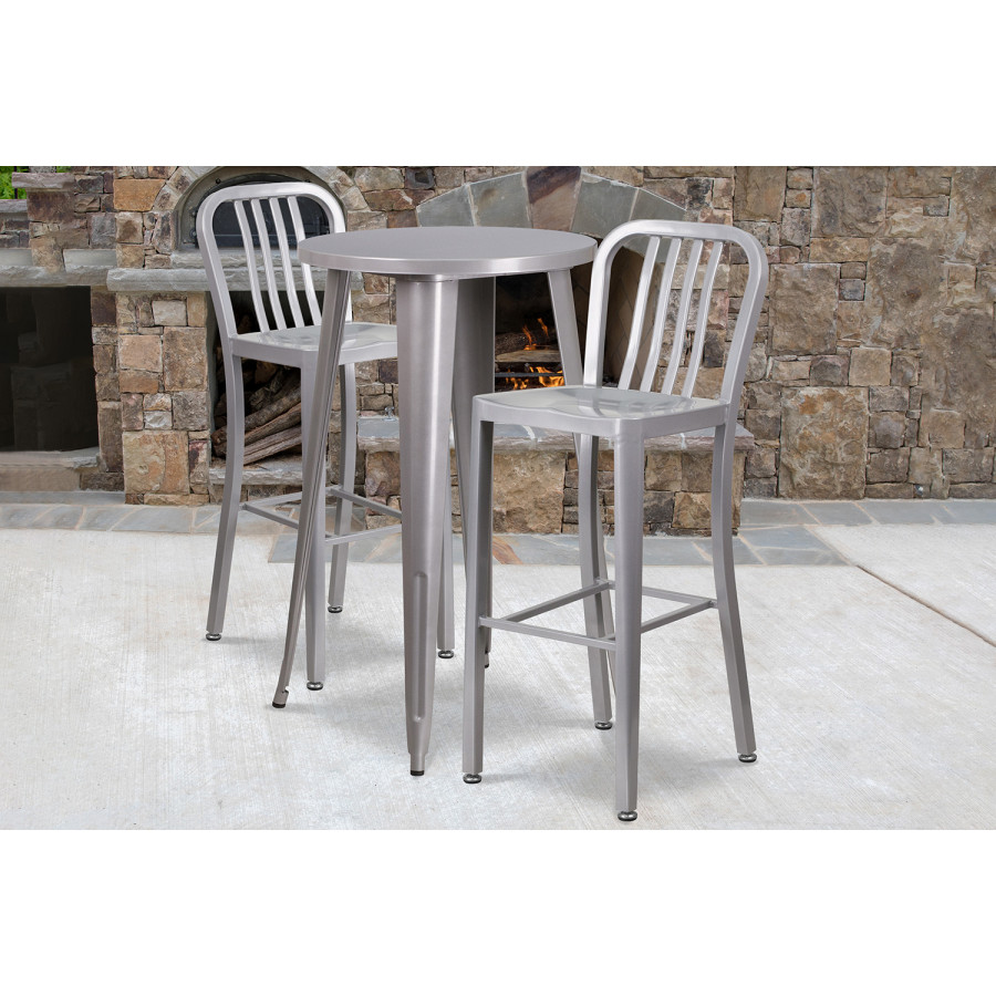 BLNK Earl Commercial Round Metal Indoor-Outdoor Bar Table Set with 2 Vertical Slat Back Stools - Silver