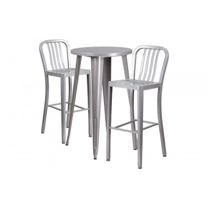 BLNK Earl Commercial Round Metal Indoor-Outdoor Bar Table Set with 2 Vertical Slat Back Stools - Silver