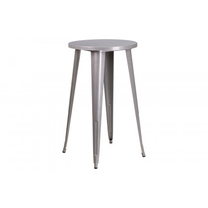 BLNK Earl Commercial Round Metal Indoor-Outdoor Bar Table Set with 2 Vertical Slat Back Stools - Silver