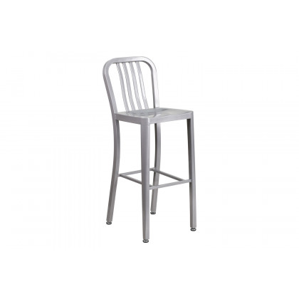 BLNK Earl Commercial Round Metal Indoor-Outdoor Bar Table Set with 2 Vertical Slat Back Stools - Silver