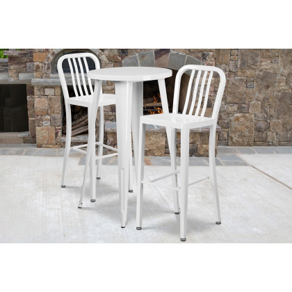 BLNK - Earl Commercial Round Metal Indoor-Outdoor Bar Table Set with 2 Vertical Slat Back Stools
