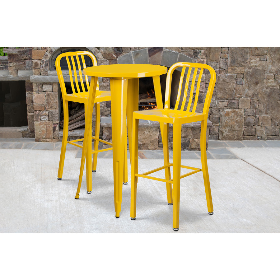BLNK Earl Commercial Round Metal Indoor-Outdoor Bar Table Set with 2 Vertical Slat Back Stools - Yellow