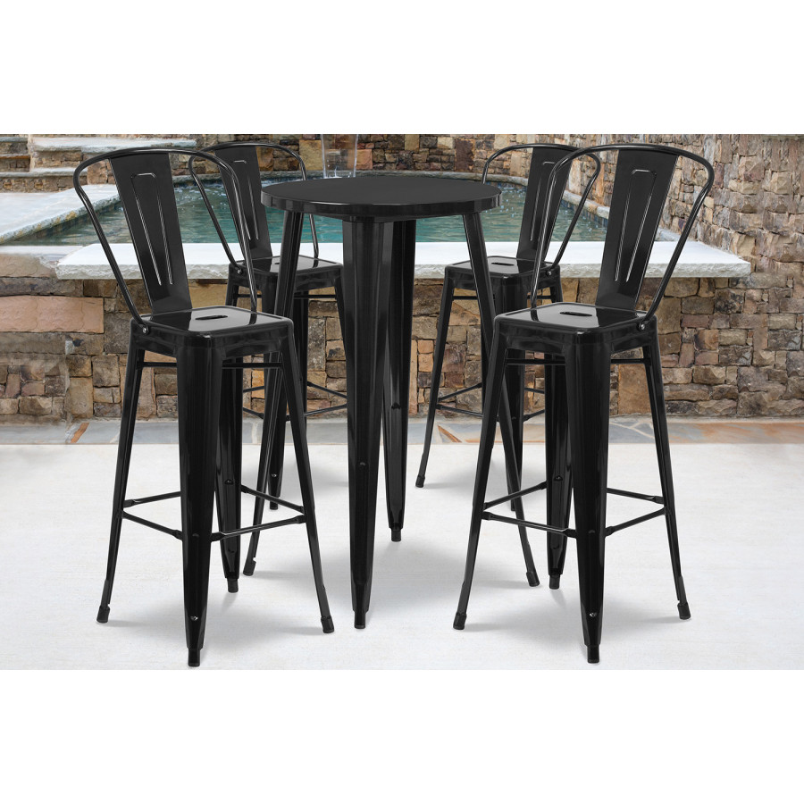 BLNK Dexter Commercial Round Metal Indoor-Outdoor Bar Table Set with 4 Cafe Stools - Black