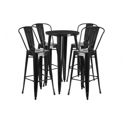 BLNK Dexter Commercial Round Metal Indoor-Outdoor Bar Table Set with 4 Cafe Stools - Black
