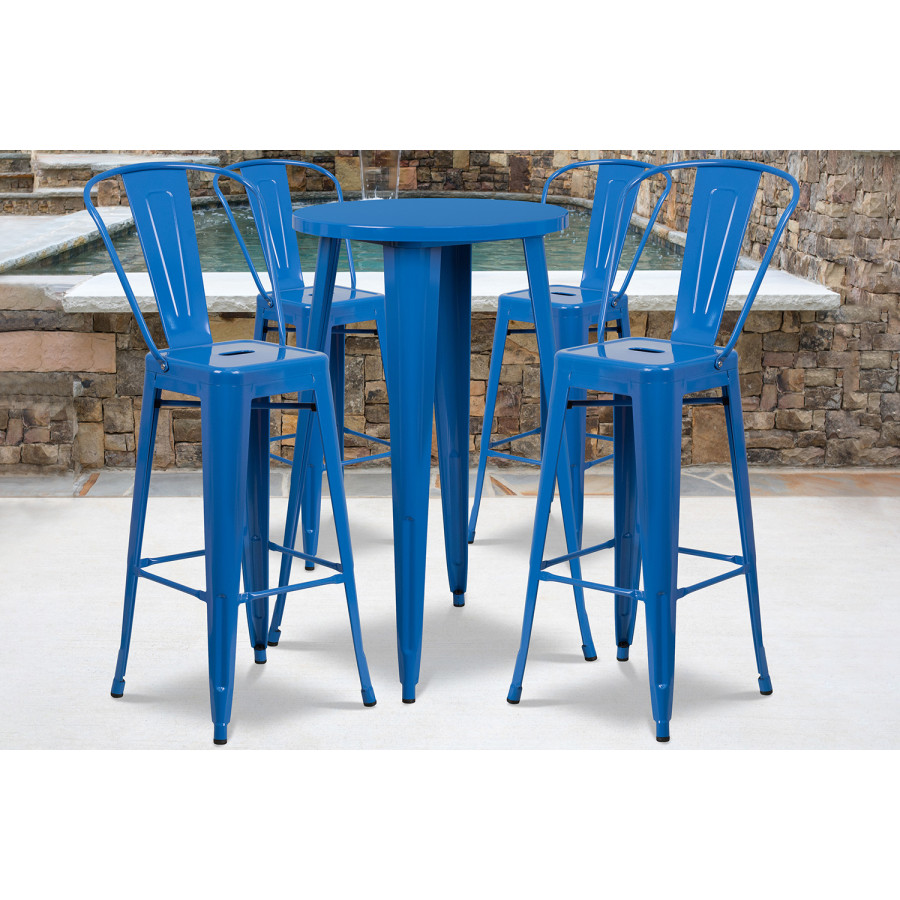 BLNK Dexter Commercial Round Metal Indoor-Outdoor Bar Table Set with 4 Cafe Stools - Blue