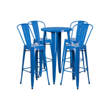 BLNK Dexter Commercial Round Metal Indoor-Outdoor Bar Table Set with 4 Cafe Stools - Blue