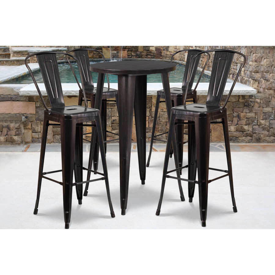 BLNK Dexter Commercial Round Metal Indoor-Outdoor Bar Table Set with 4 Cafe Stools - Black/Antique Gold